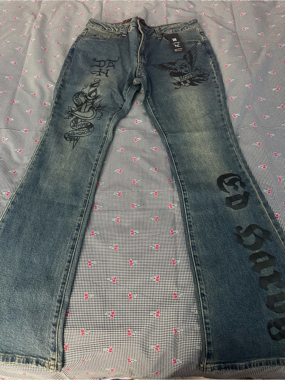 Ed Hardy Blue Denim Flare Jeans with Black Tattoo Graphics